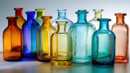A row of colorful glass vases are lined up on a table. The vases are of various sizes and colors, including red, yellow, green, blue, and orange. Concept of vibrancy and diversityの素材