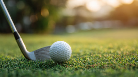 Golf club ready to strike a ball on lush grass as the sun sets creating a peaceful scene.の素材