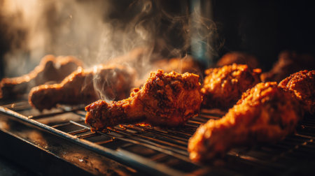 Juicy chicken drumsticks cook on a grill sending up aromatic steam and creating a warm atmosphere.の素材