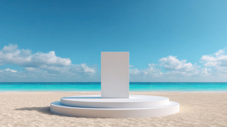 A white structure is on a beach with a blue sky in the background. The structure is empty and the beach is calmの素材