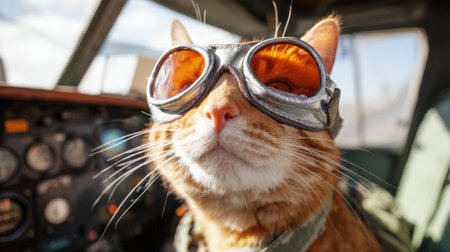 A cat wearing goggles and a pilot's hat is sitting in the cockpit of an airplane. The cat's eyes are closed, and it is enjoying the experienceの素材