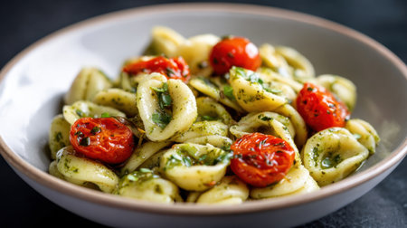A bowl filled with tortellini pasta mixed with bright cherry tomatoes and fresh herbs. The dish showcases vibrant colors and a delightful aroma perfect for a meal.の素材