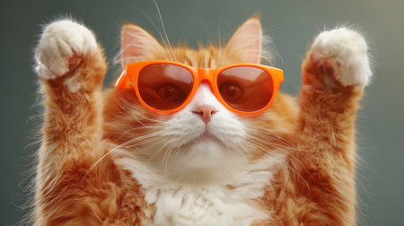 A cat wearing sunglasses and holding its paw up. The cat is wearing orange sunglasses and he is posing for a photoの素材