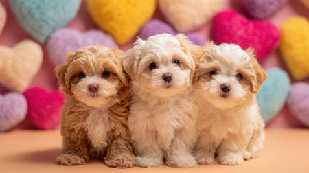 Three small white and brown dogs are sitting on a table in front of a pink background. The dogs are adorable and seem to be posing for a pictureの素材