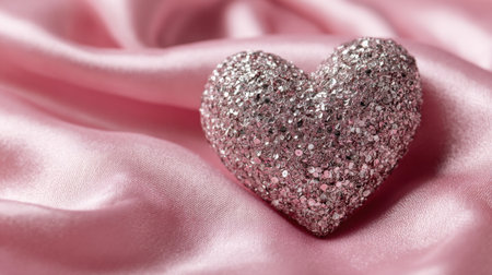 A heart made of glitter sits on a pink background. The glitter adds a touch of sparkle and glamor to the scene, while the pink background creates a soft and romantic atmosphereの素材