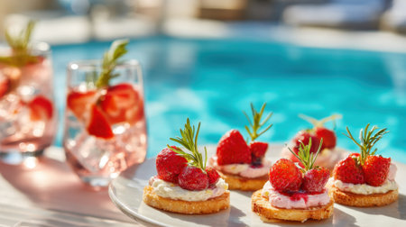 A plate of strawberry shortcakes is set on a table next to a glass of pink drink. The drink is garnished with a strawberry and a sprig of rosemary. The table is set in a poolside settingの素材