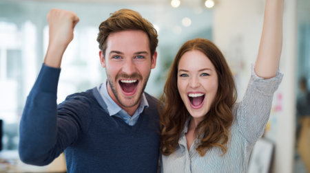 A man and woman are smiling and celebrating together. The man is wearing a blue sweater and the woman is wearing a white shirtの素材