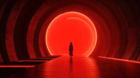 A figure stands alone in a striking red tunnel. The surroundings are dark emphasizing the bright glow that creates an otherworldly atmosphere.の素材