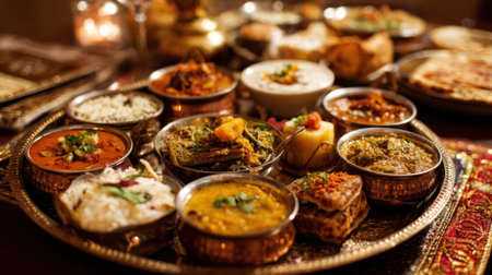 A large tray of food with many different dishes on it. The food is arranged in a way that makes it look like a buffetの素材