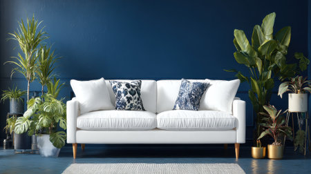 A white couch is surrounded by potted plants and a blue wall. The room has a modern and minimalist feel, with the couch being the focal pointの素材