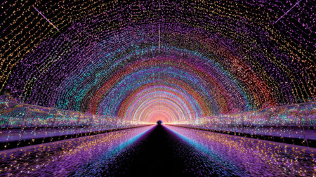 A colorful tunnel with lights and a rainbow. The tunnel is lit up and he is a part of a festival or eventの素材