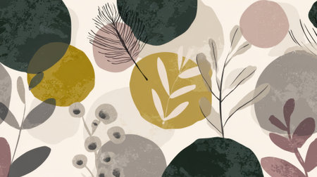 This artwork showcases a contemporary design of stylized plants and leaves in various shades. The warm and cool colors blend beautifully creating a serene ambiance.の素材