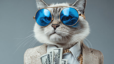 A fashionable cat dressed in a suit and oversized sunglasses holds stylish dollar bills showcasing a playful and humorous vibe in a bright backdrop.の素材