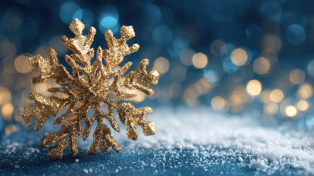 A golden snowflake sits on a soft layer of snow surrounded by a dreamy blue backdrop and bright bokeh lights. This scene captures the beauty of winter celebrations and festive spirit.の素材