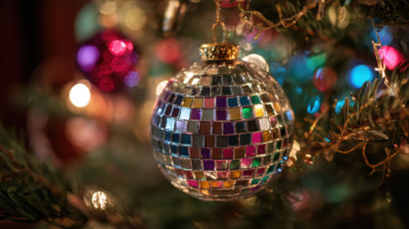 A sparkling disco ball ornament hangs from a beautifully decorated Christmas tree surrounded by colorful lights and other holiday decorations capturing the holiday spirit.の素材