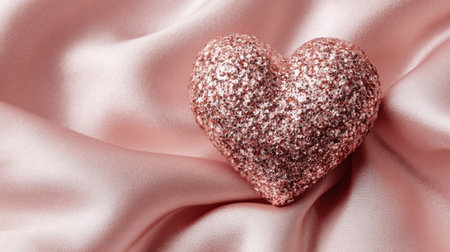 A heart made of glitter sits on a pink fabric. The heart is surrounded by a pink background, and the glitter adds a sparkly, romantic touch to the sceneの素材