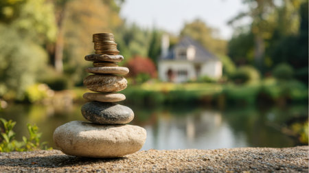 In a peaceful garden smooth stones are balanced in a stack beside a serene pond. A cozy house is visible in the background surrounded by lush greenery and colorful flowers.の素材