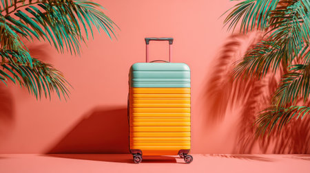 A bright orange suitcase with green stripes sits on a red background. The suitcase is the main focus of the image, and the bright colors create a cheerful and energetic moodの素材