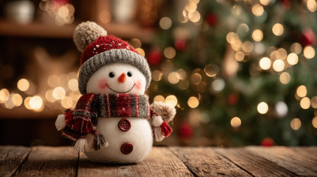 A snowman with a red hat and scarf is standing in front of a Christmas tree. The scene is festive and cheerful, with the snowman adding a playful touch to the holiday settingの素材