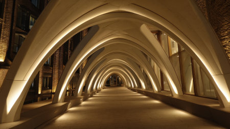 A long, narrow hallway with a series of arched openings. The arches are lit up, creating a warm and inviting atmosphereの素材