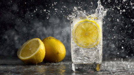 A glass of water with a lemon slice in it. The glass is half full and the lemon slice is floating in the waterの素材