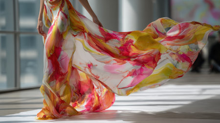 A woman in a long dress with a colorful pattern is walking in a room. The dress is long and flowing, and the colors are bright and vibrant. Concept of elegance and graceの素材