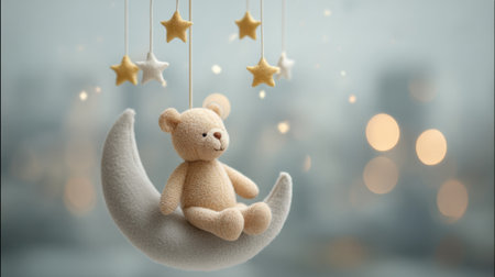 A toy bear is sitting on a moon. The scene is peaceful and calming. The teddy bear is the main focus of the image, and the moon adds a sense of serenity to the sceneの素材