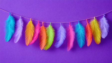 A colorful string of feathers hanging from a purple background. The feathers are of different colors and sizes, creating a vibrant and lively atmosphereの素材