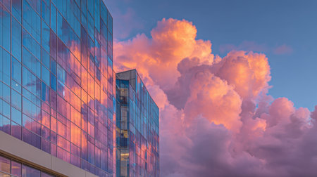 A building with a pink sky in the background. The sky is filled with clouds and the sun is settingの素材