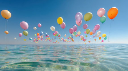 A large number of colorful balloons are floating in the air above a body of water. Concept of joy and celebration, as the balloons are scattered throughout the sky, creating a vibrantの素材