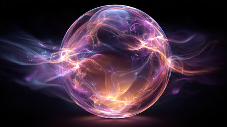 A glowing, colorful sphere with purple, orange, and blue swirls. The sphere is surrounded by a dark backgroundの素材