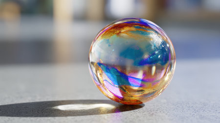 A clear glass ball with a rainbow pattern sits on a gray surface. The ball is illuminated by the sun, casting a shadow on the ground. Concept of calm and serenity, as the ball's stillnessの素材