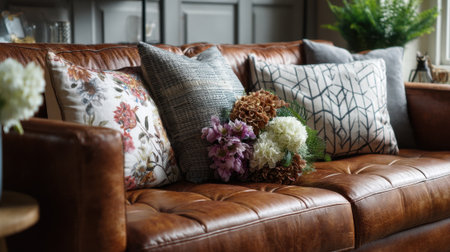 A brown leather couch with pillows and flowers on it. The couch is in a living room with a vase of flowers on itの素材
