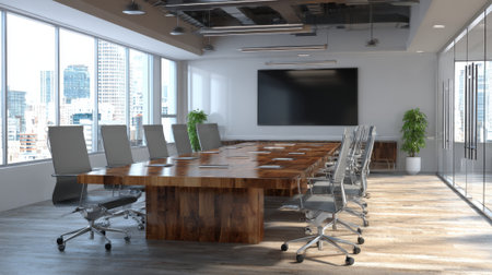 A large conference room with a wooden table and chairs, a large flat screen TV, and a potted plantの素材