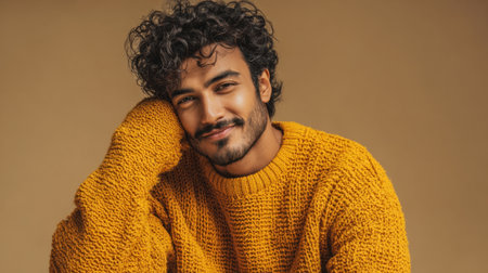 A man with curly hair and a beard is wearing a yellow sweater and smiling. He is sitting on a couch and he is relaxed and comfortableの素材