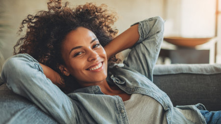 A woman with curly hair is smiling and laying on a couch. She is wearing a blue shirt and jeansの素材