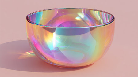 A bowl with a rainbow reflection on it. The bowl is sitting on a pink surface. The bowl is a colorful, shiny, and reflective objectの素材
