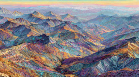 A painting of mountains with a blue sky in the background. The mountains are covered in snow and the sky is a mix of blue and orange. The painting gives off a peaceful and serene feelingの素材