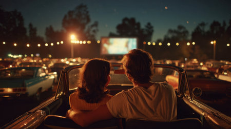 A couple is sitting in a car at a movie theater. The man is wearing a white shirt and the woman is wearing a yellow shirtの素材