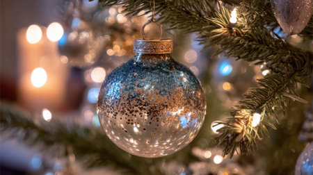 A Christmas tree with a blue and gold ornament hanging from it. The ornament is a glass ball with glittery decorationsの素材