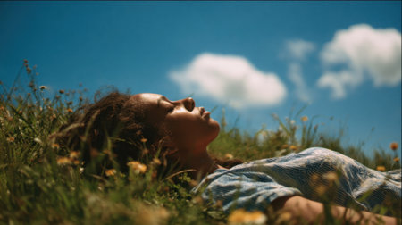 A woman is laying on the grass, looking up at the sky. The sky is blue and there are some clouds in the backgroundの素材