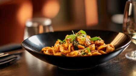 A black bowl of pasta with green herbs and meat. The bowl is on a table with a wine glass and a forkの素材