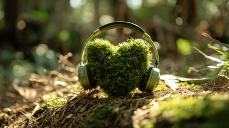 A pair of headphones is placed on a mossy patch of ground. The headphones are shaped like a heart, and the mossy ground adds a natural and organic feel to the sceneの素材