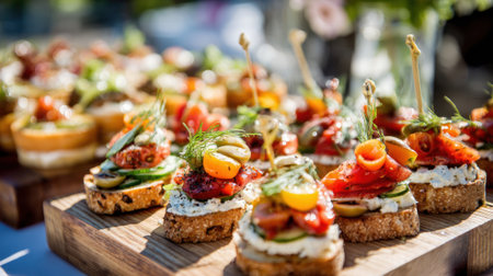 A wooden board with a variety of appetizers, including sandwiches and bruschetta. The appetizers are arranged in a visually appealing manner, with some of them having a more colorful presentationの素材