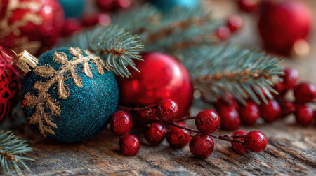 A bunch of red and blue Christmas ornaments are on a wooden surface. The blue ornaments are surrounded by red berriesの素材