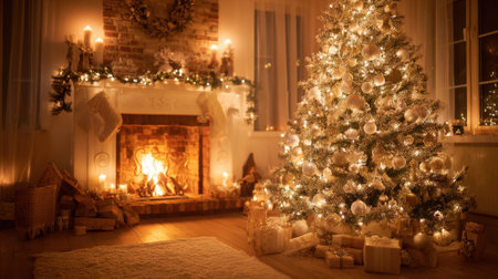 A cozy living room with a fireplace and a large Christmas tree. The room is lit up with candles and the tree is adorned with many ornamentsの素材
