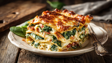 A large lasagna with spinach and cheese on a wooden table. The lasagna is served on a white plate with a forkの素材