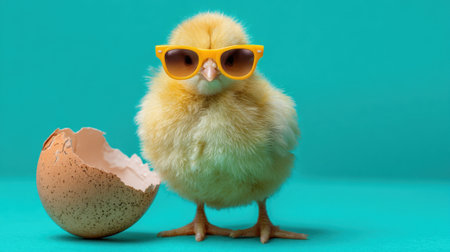 A baby chick wearing sunglasses and standing next to an egg. The chick is wearing sunglasses and he is posing for a photoの素材