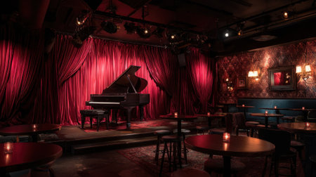 A red room with a piano and a stage. The room is decorated with red curtains and has a red piano. There are several tables and chairs in the room, and a few people are sitting at the tablesの素材