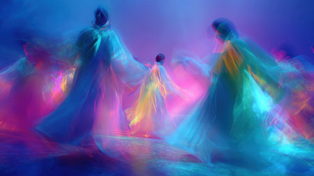 A group of people are dancing in the air, with their arms outstretched. The colors of their costumes are bright and vibrant, creating a sense of energy and excitementの素材